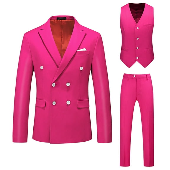 RYDCOT Men's Slim Fit 2 Piece Suit Double Breasted Business Wedding Prom Tuxedo Suits Blazer & Pants Suit Vest Three Piece Set Hot Pink