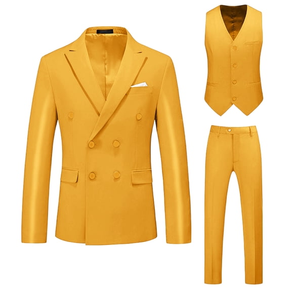 RYDCOT Men's Slim Fit 2 Piece Suit Double Breasted Business Wedding Prom Tuxedo Suits Blazer & Pants Suit Vest Three Piece Set Yellow