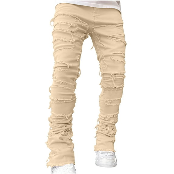 RYDCOT Men's Slim Fit Stretch Ripped Jeans Distressed Patchwork Stacked Frayed Straight Leg Skinny Flare Denim Pants Khaki