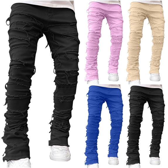 RYDCOT Men's Slim Fit Stretch Ripped Jeans Distressed Patchwork Stacked Frayed Straight Leg Skinny Flare Denim Pants Pink