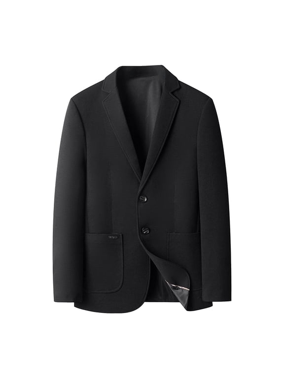 Men's Slim Single Row Two Button Solid Color Waffle Long Sleeved Lapel Casual Suit Coat Black