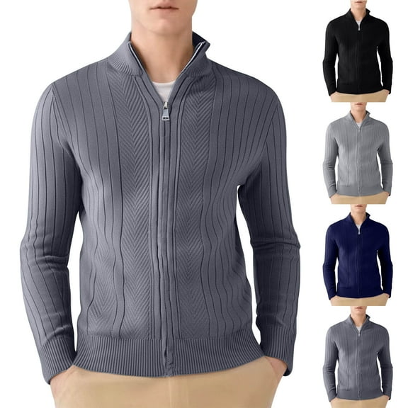 RYDCOT Men's Solid Color Cardigan Sweaters Full Zip up Stand Collar Jacquard Slim Fit Casual Knitted Sweater Navy XL(XL)