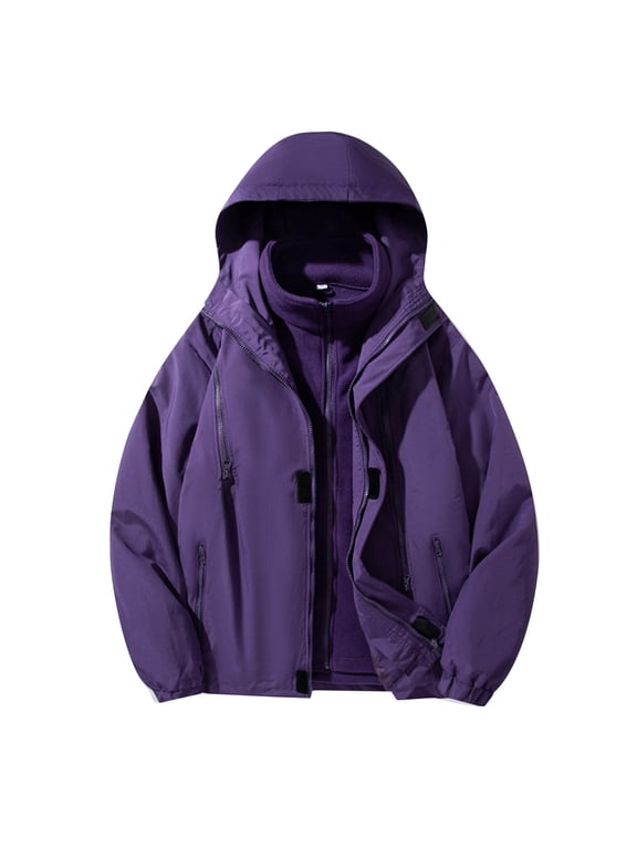 Men's Solid Color Casual Zipper Pocket Outdoor Running Hooded Detachable Warm Inner Liner Jacket Purple