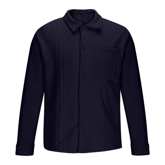 RYDCOT Men's Solid Color Fashionable Jacquard Top Fall and Winter Lapel Collar Single-Breasted Cardigan Jacket Navy S(S)