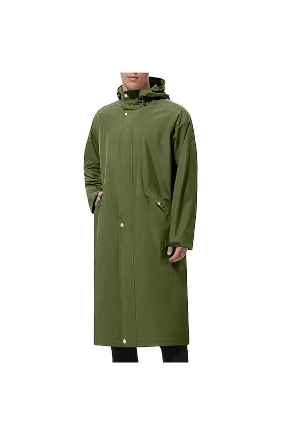 Men's Solid Color Hooded Long Raincoat, Windproof Waterproof Trench Coat for Hiking Fishing Walking Outdoor Activities Army Green