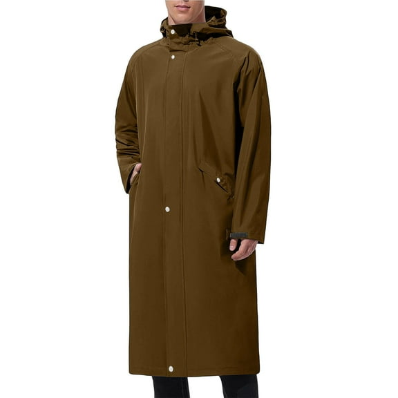RYDCOT Men's Solid Color Hooded Long Raincoat, Windproof Waterproof Trench Coat for Hiking Fishing Walking Outdoor Activities Brown