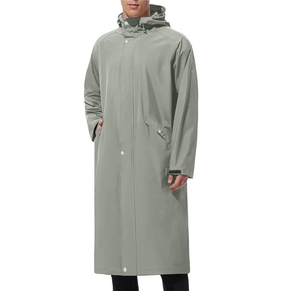 RYDCOT Men's Solid Color Hooded Long Raincoat, Windproof Waterproof Trench Coat for Hiking Fishing Walking Outdoor Activities Gray