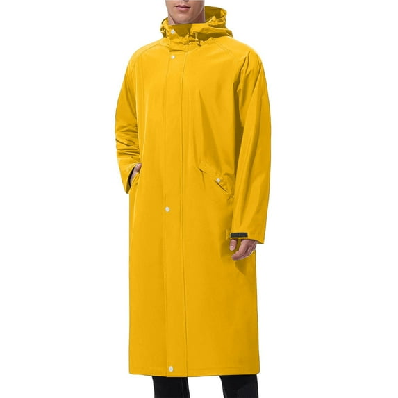 RYDCOT Men's Solid Color Hooded Long Raincoat, Windproof Waterproof Trench Coat for Hiking Fishing Walking Outdoor Activities Yellow