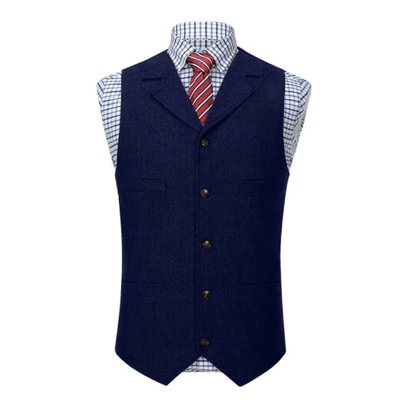 RYDCOT Men's Solid Color Lapel Single Breasted Suit Vest Western Casual Waistcoat for Groomsman Dark Blue