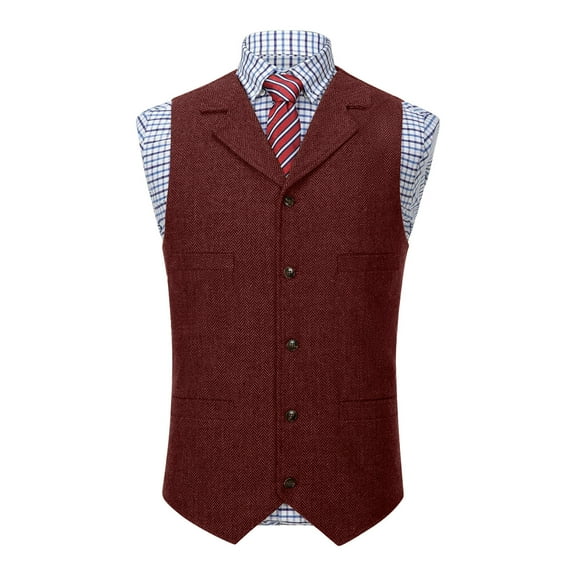 RYDCOT Men's Solid Color Lapel Single Breasted Suit Vest Western Casual Waistcoat for Groomsman Wine