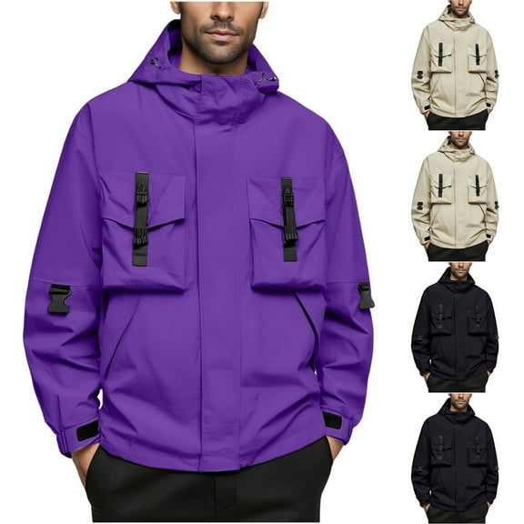 RYDCOT Men's Solid Color Long Sleeved Hooded Workwear Water Resistant Jacket for Hiking,Fishing,Travel Purple