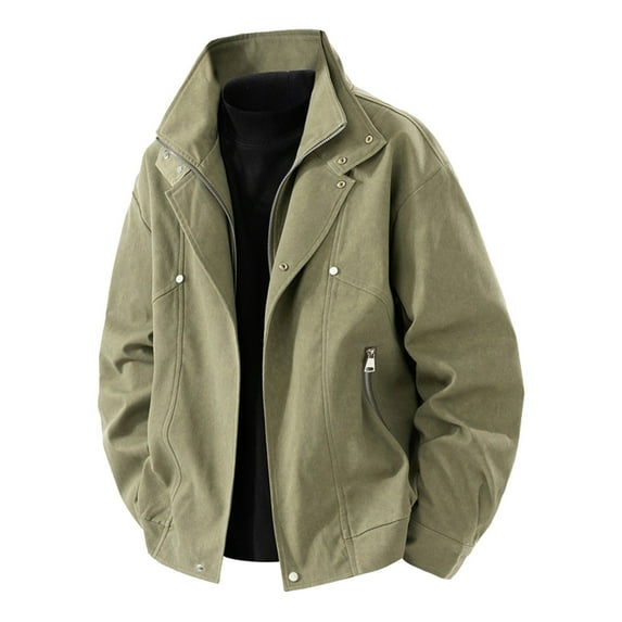 RYDCOT Men's Solid Color Long Sleeved Outdoor Shirts Jacket Lapel Zipper Cardigan Workwear Jacket Army Green XXXL(XXXL)