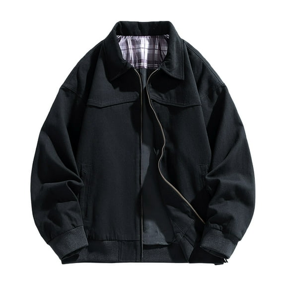 RYDCOT Men's Solid Color Outdoor Jacket Full Zip Up Work Jackets Turndown Collar Casual Top with Pockets Black XL(XL)