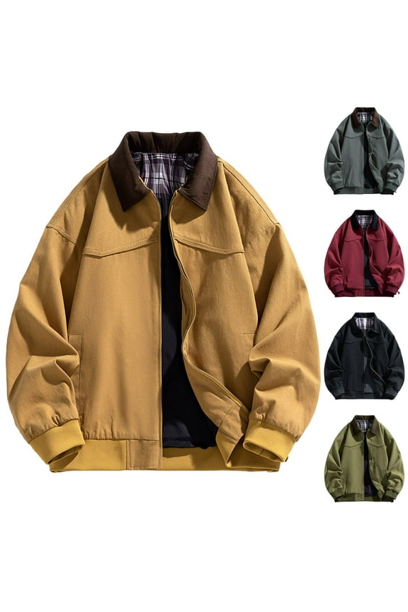 Men's Solid Color Outdoor Jacket Full Zip Up Work Jackets Turndown Collar Casual Top with Pockets Red XL(XL)