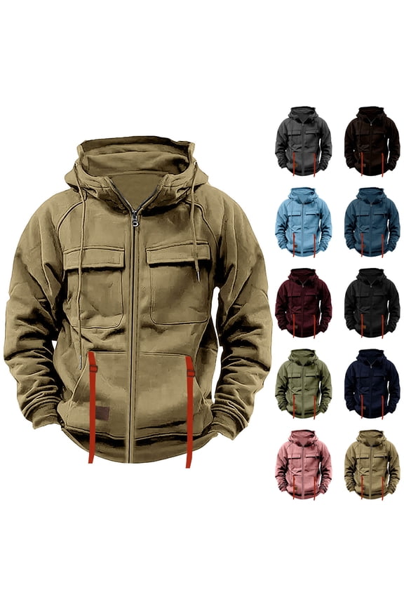 Men's Solid Color Retro Zip up Drawstring Pocket Hooded Jacket,Regular Fit Casual Long Sleeve Top Wine