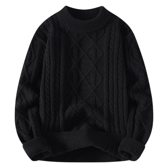 RYDCOT Men's Solid Color Round Neck Knit Sweater Warm Casual Loose Elastic Pullover Casual Long Sleeved Fall Winter Top Black