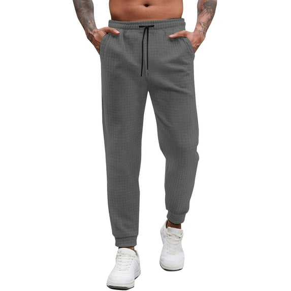 RYDCOT Men's Solid Color Waffle with Pockets Pants Elastic Waistband Drawstring Pants for Men Straight Leg Lounge Pants Dark Gray M(M)