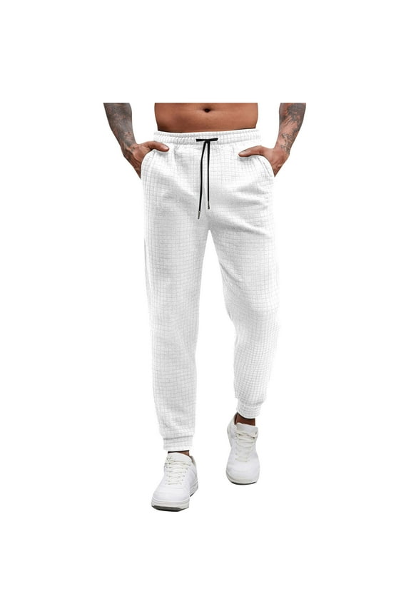 Men's Solid Color Waffle with Pockets Pants Elastic Waistband Drawstring Pants for Men Straight Leg Lounge Pants White S(S)