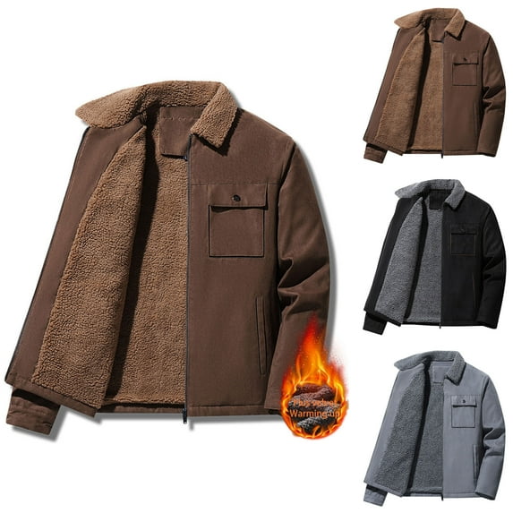 RYDCOT Men's Winter Solid Color Long Sleeved Lapel Full Zipper Cardigan Thickened Jacket Dark Gray