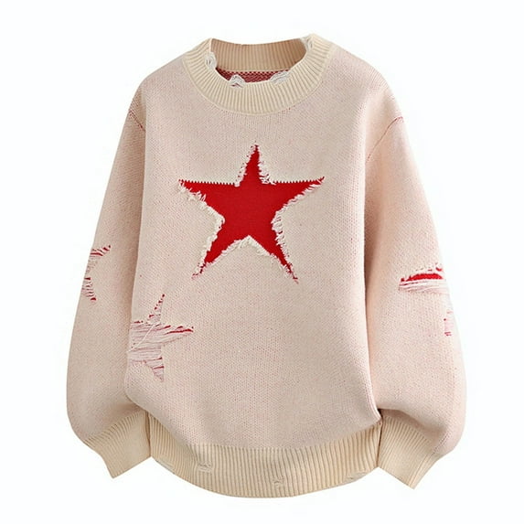 RYDCOT Men's Star Graphic Sweaters Y2K Vintage Crewneck Oversized Sweaters Baggy Long Sleeve Knit Pullover Jumper Top Beige