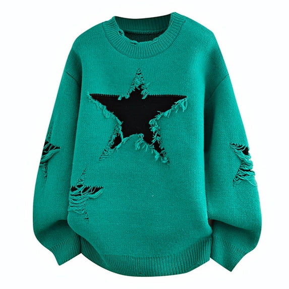 RYDCOT Men's Star Graphic Sweaters Y2K Vintage Crewneck Oversized Sweaters Baggy Long Sleeve Knit Pullover Jumper Top Green
