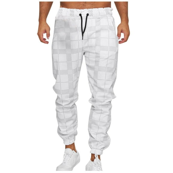 RYDCOT Men's Stretch Waist Drawstring Plaid Printed Pants Casual Workout Active Pants White