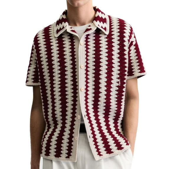 RYDCOT Men's Striped Knit Cotton Shirts Short Sleeve Button Down Shirt Crochet Hollow Out Summer Beach Top Vintage Vacation Wear Red
