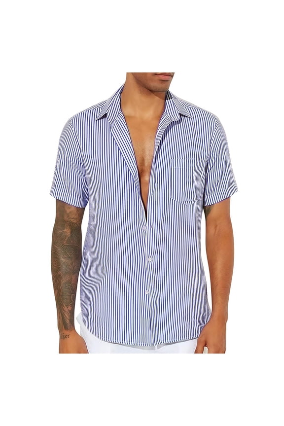 Men's Striped Print Short Sleeve Dress Shirts Button Down Business Work Blouse Tops Blue