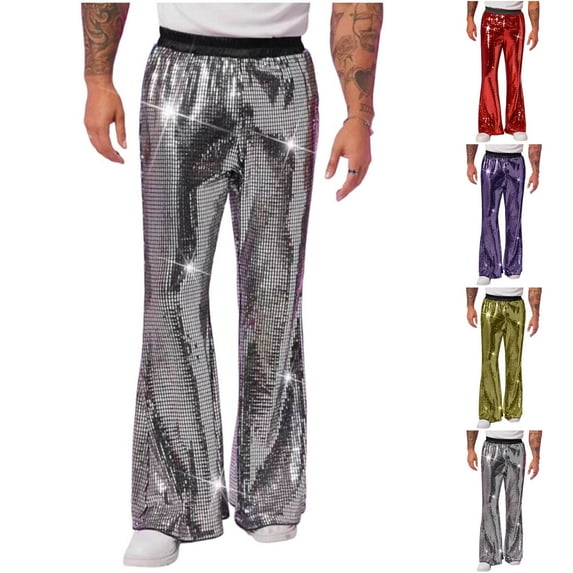 RYDCOT Men's Stylish Stage Performance Elastic Waistband Flared Pants Shiny Sequins Long Trousers Silver