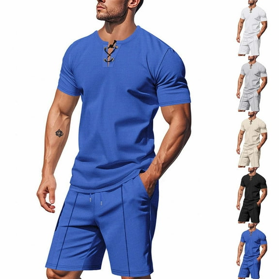 RYDCOT Men's Summer Beach Outfits 2 Piece Vintage Short Sleeve Lace up Henley Shirts and Shorts Vacation Waffle Sets for Men White