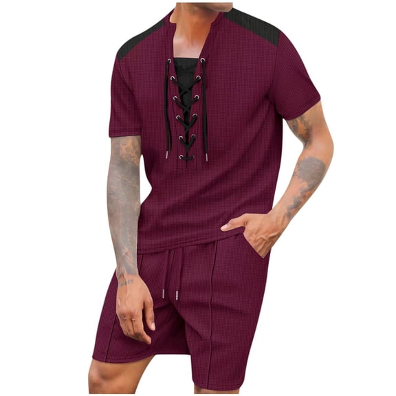 RYDCOT Men's Summer Beach Outfits 2 Piece Vintage Short Sleeve Lace up Henley Shirts and Shorts Vacation Waffle Sets for Men Wine