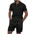 thumbnail image 1 of RYDCOT Men's Summer Casual Loose Track Suits Waffle Lapel Shirt and Elastic Waist Drawstring Shorts Set Casual 2 Pieces Outfits with Pockets Black, 1 of 6