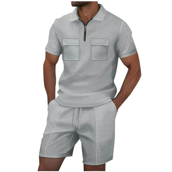 RYDCOT Men's Summer Casual Loose Track Suits Waffle Lapel Shirt and Elastic Waist Drawstring Shorts Set Casual 2 Pieces Outfits with Pockets Gray