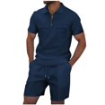 thumbnail image 1 of RYDCOT Men's Summer Casual Loose Track Suits Waffle Lapel Shirt and Elastic Waist Drawstring Shorts Set Casual 2 Pieces Outfits with Pockets Navy, 1 of 6