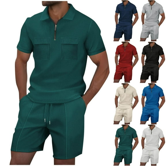 RYDCOT Men's Summer Casual Loose Track Suits Waffle Lapel Shirt and Elastic Waist Drawstring Shorts Set Casual 2 Pieces Outfits with Pockets White