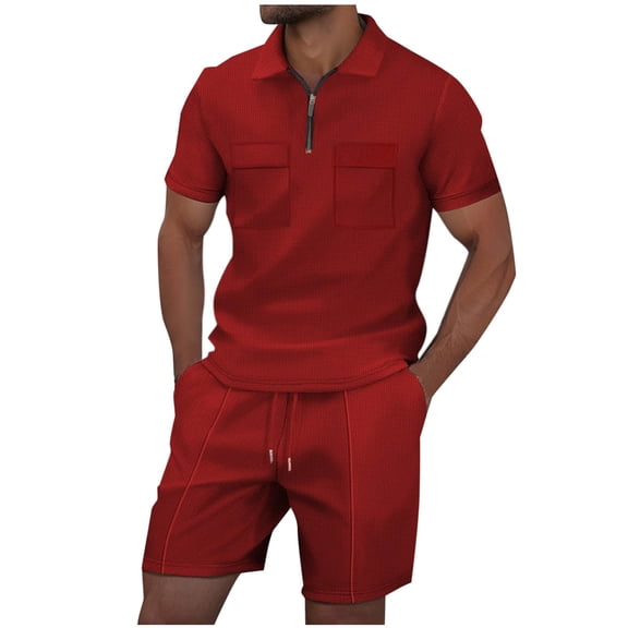 RYDCOT Men's Summer Casual Loose Track Suits Waffle Lapel Shirt and Elastic Waist Drawstring Shorts Set Casual 2 Pieces Outfits with Pockets Wine