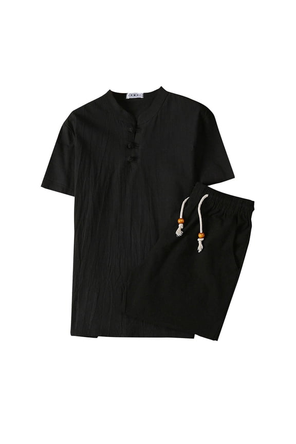 Men's Summer Cotton Linen Short Sleeve and Shorts Set - Hanfu Chinese Traditional Clothes Kung Fu Retro Tang Suit Two-Piece Set Black