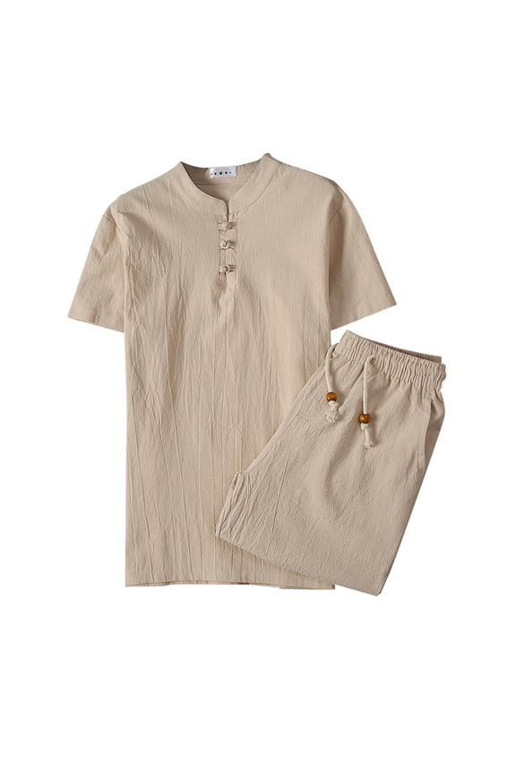 Men's Summer Cotton Linen Short Sleeve and Shorts Set - Hanfu Chinese Traditional Clothes Kung Fu Retro Tang Suit Two-Piece Set Khaki
