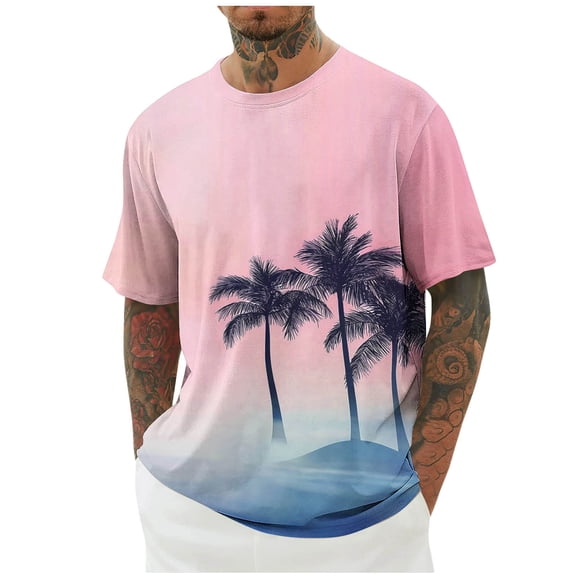 RYDCOT Men's Summer Graphic Coconut Tree Print Cotton Shirts Crew Neck Short Sleeve Tropical Ombre Tee Shirt Navy