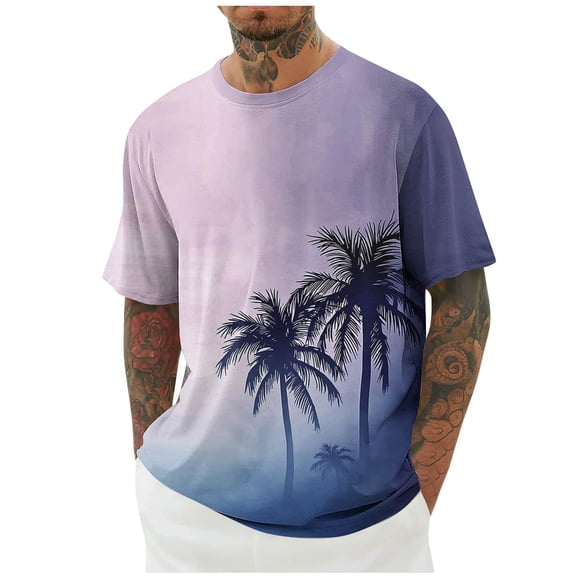 RYDCOT Men's Summer Graphic Coconut Tree Print Cotton Shirts Crew Neck Short Sleeve Tropical Ombre Tee Shirt White