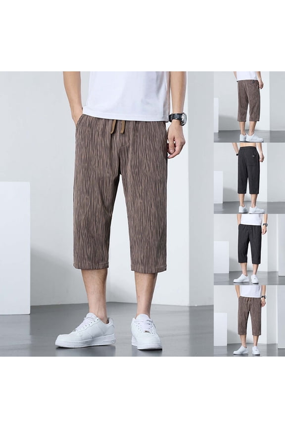 Men's Summer Ice Cool Breathable Pants Fashion Ice Silk Capris Pants Gentleman Coffee