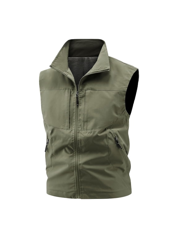 Men's Summer Stand up Collar Vest Casual Stylish Solid Color Sleeveless Casual Jackets Summer Khaki