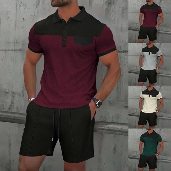 RYDCOT Men's Summer Track Suits Waffle Knit Color Block Polo Shirt and Shorts Set Casual 2 Pieces Outfits with Pockets Wine