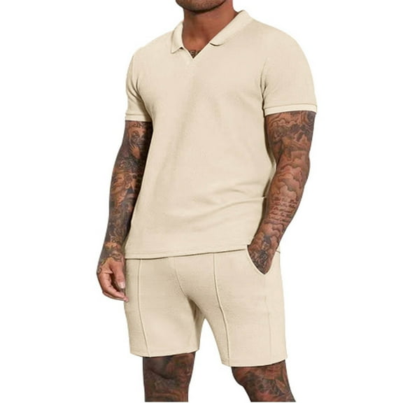 RYDCOT Men's Summer Track Suits Waffle Knit V Neck Polo Shirt and Shorts Set Casual 2 Pieces Outfits with Pockets Khaki