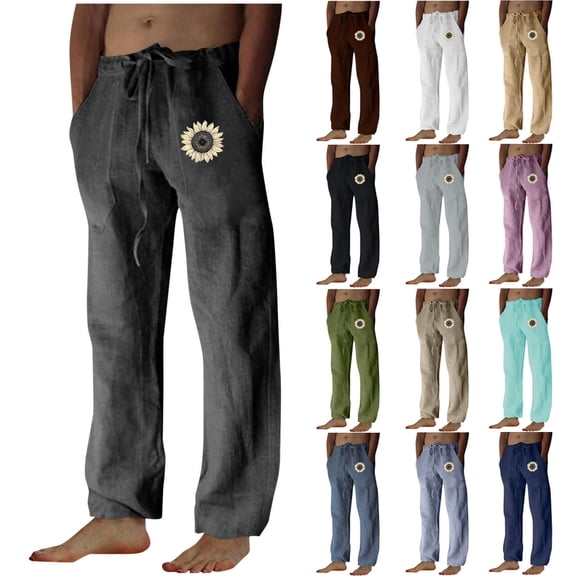 RYDCOT Men's Sunflower Print Casual Pants with Elastic Waistband Casual and Loose-Fit Summer Pants with Pockets White