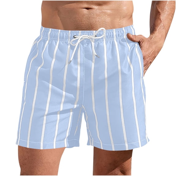 RYDCOT Men's Swim Trunks Quick Dry Elastic Drawstring Striped Print Beach Shorts Light Blue