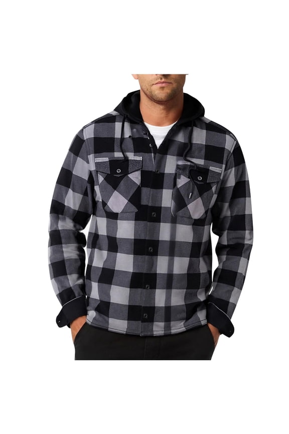 Men's Thicken Warm Plaid Hooded Flannel Shirt Jacket with Velvet Quilted Lined,Snap Hoodies Gray