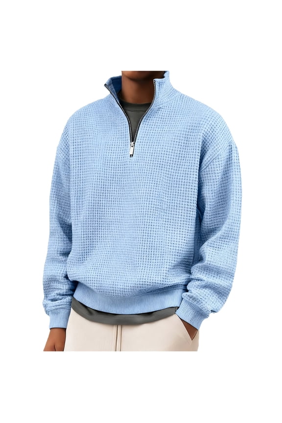 Men's Tops Quarter Zip Casual Pullover Quilted Waffle Long Sleeve Shirt Mock Neck Sweatshirt Light Blue