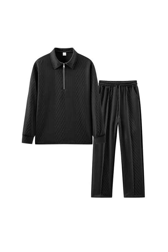 Men's Tracksuit Knit Jacquard 2 Piece Long Sleeve Pullover 1/4 Zipper Polo Shirts Drawstring Pants Jogging Tracksuit Athletic Running Casual Sportswear Black