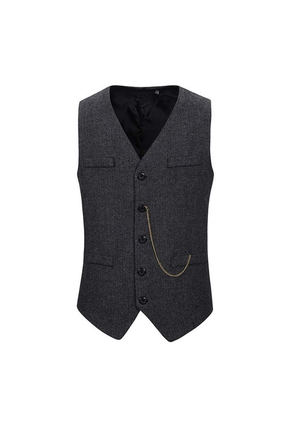 Men's Tweed Suit Vest Western Herringbone Wool Casual Retro Waistcoat Cowboy Style Sleeveless Jacket for Groomsman Black